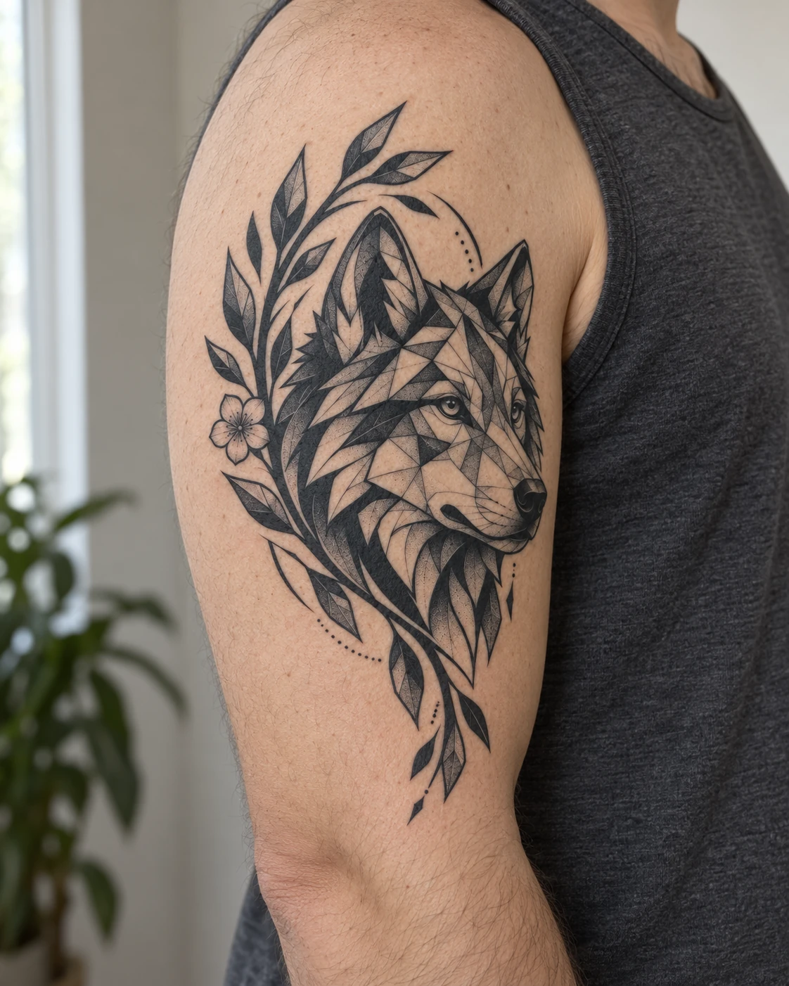 Wolf & leaves geometric tattoo on the upper arm