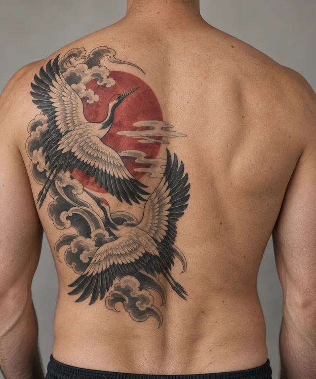 Japanese cranes and red sun tattoo on the back — placement illustration