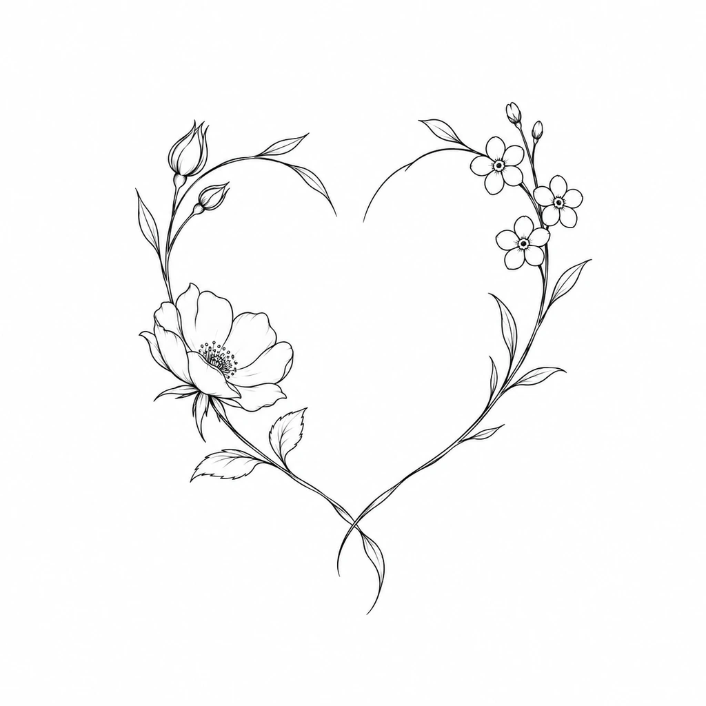 Wildflower heart, fine line tattoo design