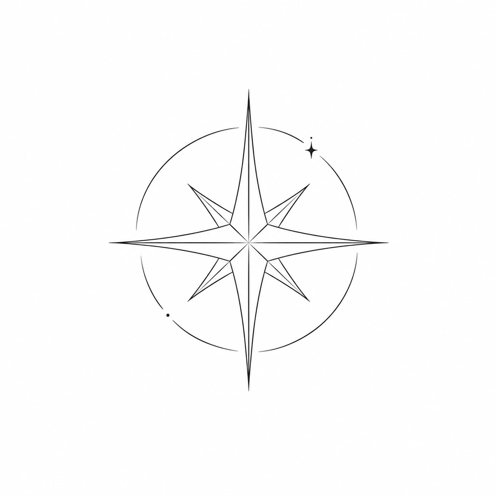 Compass star, fine line tattoo design