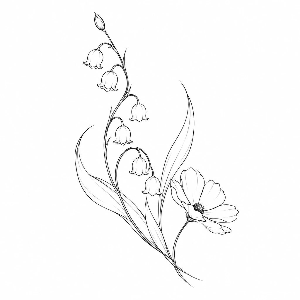 Lily & cosmos bouquet, fine line tattoo design