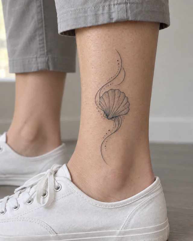 Fine-line ginkgo leaf tattoo above the ankle — placement illustration