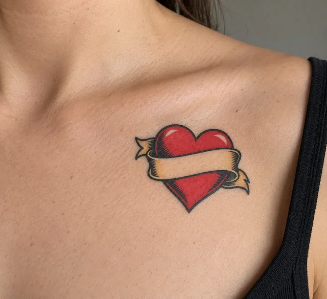 Red heart and ribbon tattoo below the collarbone — colour placement illustration