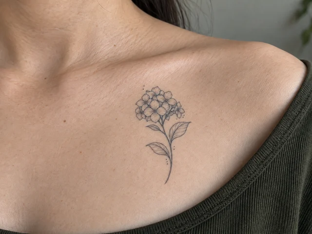 Fine-line hydrangea tattoo below the collarbone — placement illustration