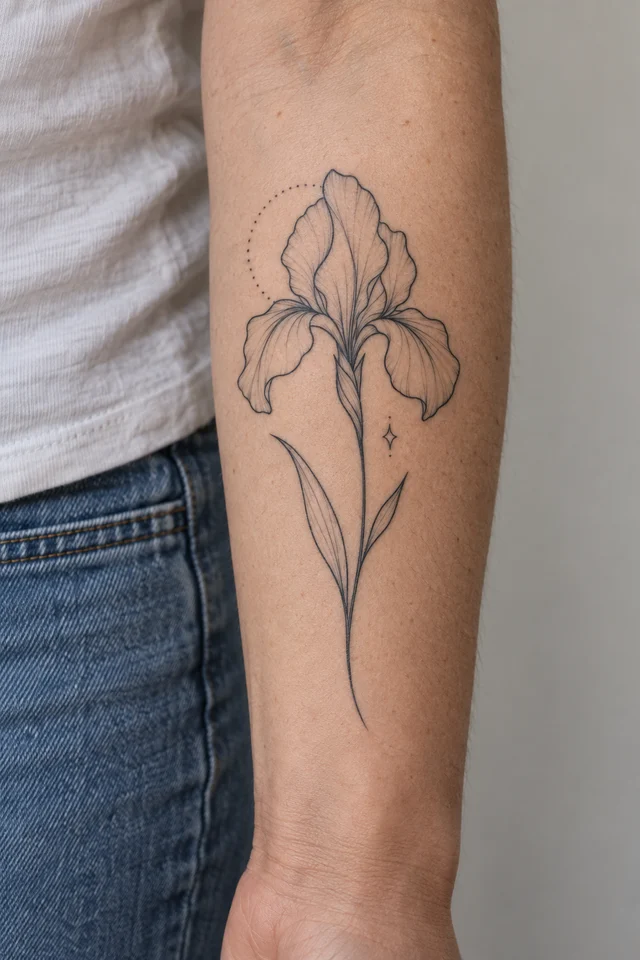 Fine-line iris tattoo on a forearm — placement illustration