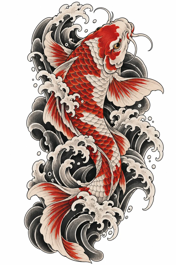 Koi & waves tattoo design (Japanese)