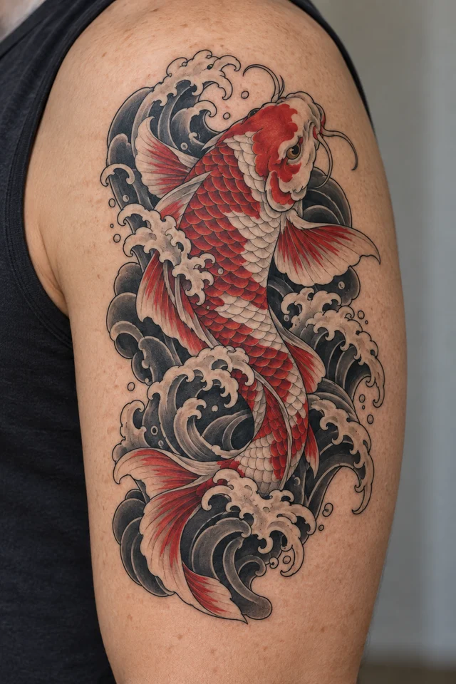 Japanese koi and waves tattoo on an upper arm — placement illustration