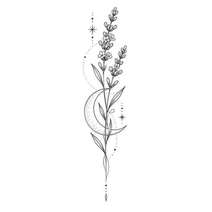 Lavender & moon, fine line tattoo design