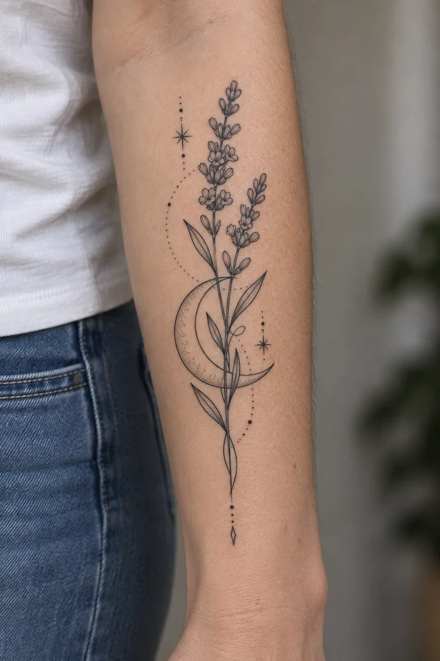 Fine-line lavender and crescent moon tattoo on a forearm — placement illustration
