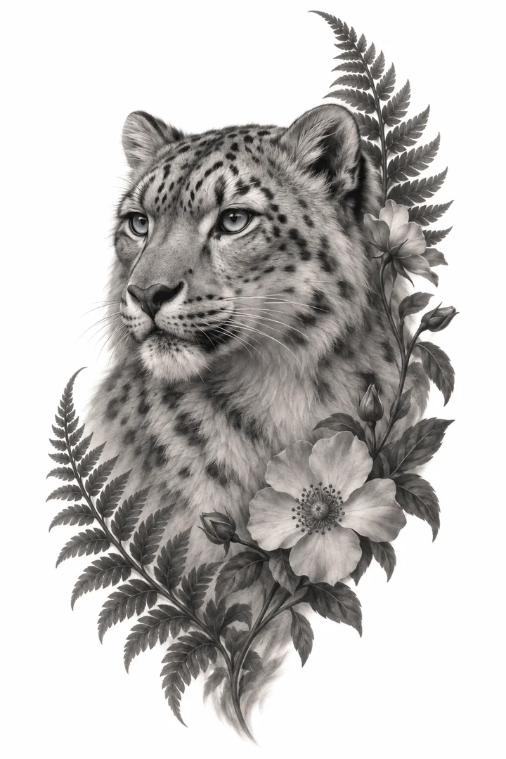 Snow leopard tattoo design (Black & grey)