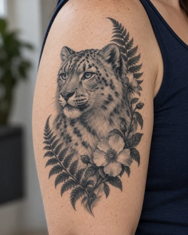 Black and grey snow leopard and flowers tattoo on an upper arm — placement illustration