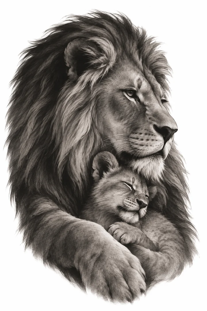 Lion & cub tattoo design (Black & grey)