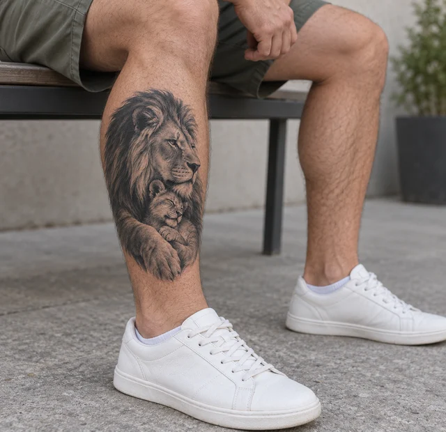 Black and grey lion and cub tattoo on a calf — placement illustration