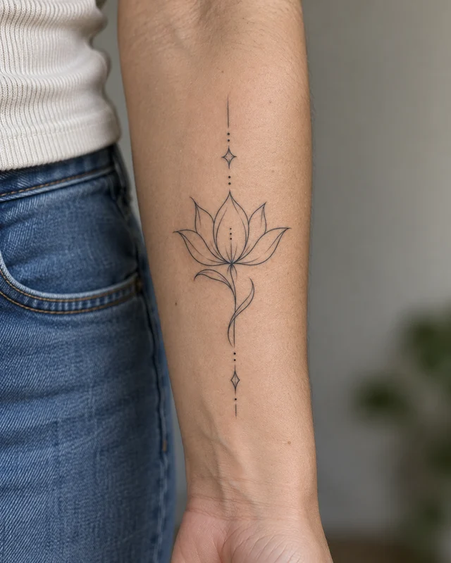 Fine-line lotus tattoo on the forearm near the wrist — placement illustration