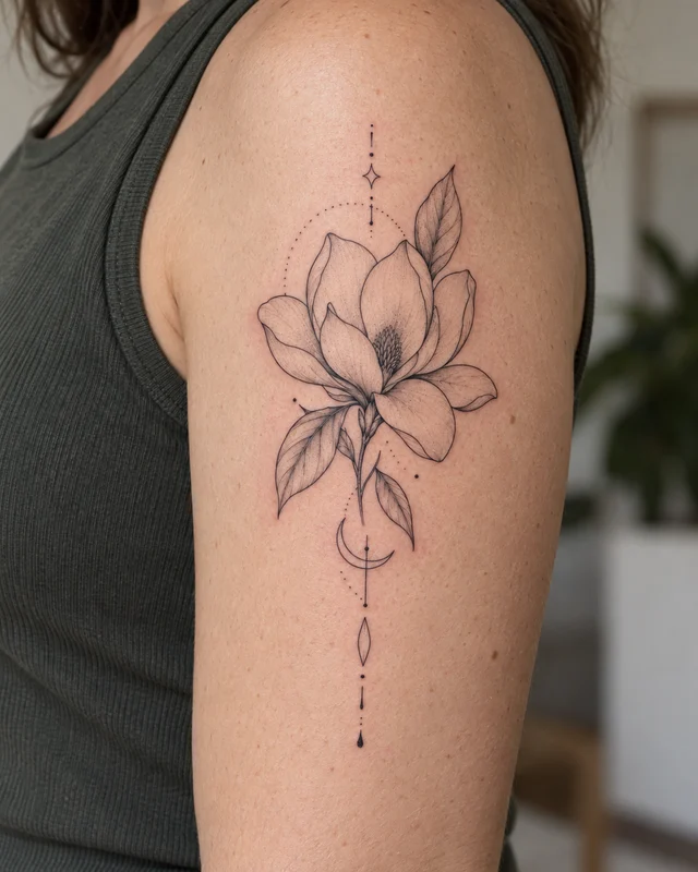 Fine-line magnolia tattoo on an upper arm — placement illustration