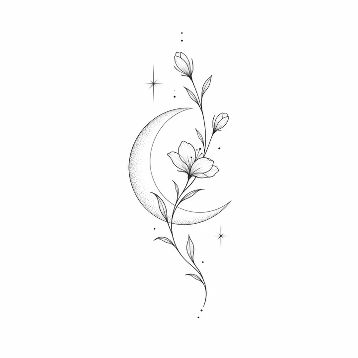 Crescent & flowers, fine line tattoo design
