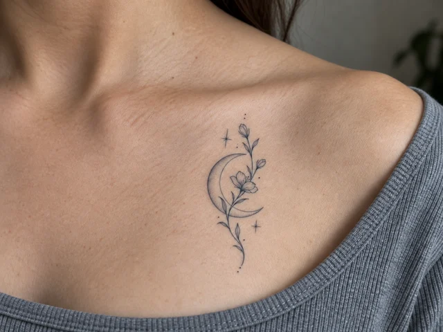 Fine-line crescent moon and flowers tattoo near the collarbone — placement illustration