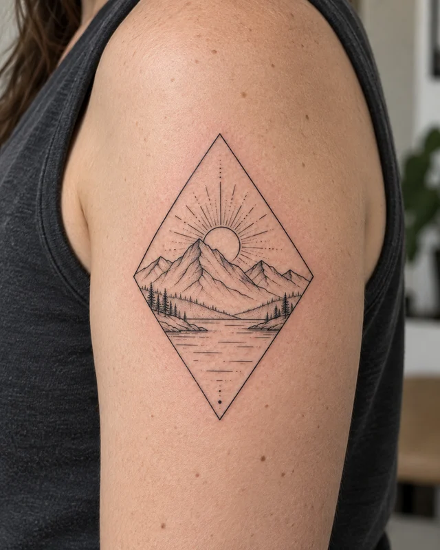 Fine-line mountain and lake tattoo on an upper arm — placement illustration