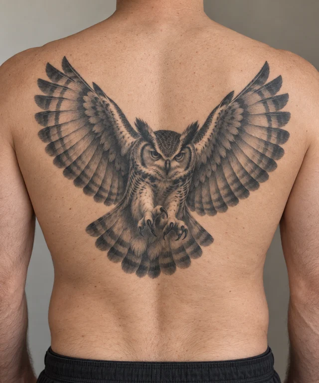 Black and grey spread-wing owl tattoo across the back — placement illustration