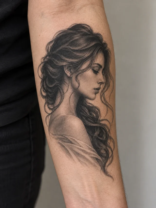 Black and grey woman in profile tattoo on a forearm — placement illustration