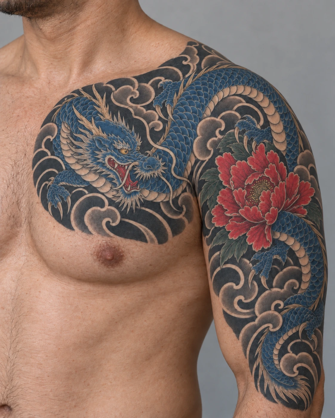 Dragon, clouds & peony on the chest and upper arm, matching placement illustration
