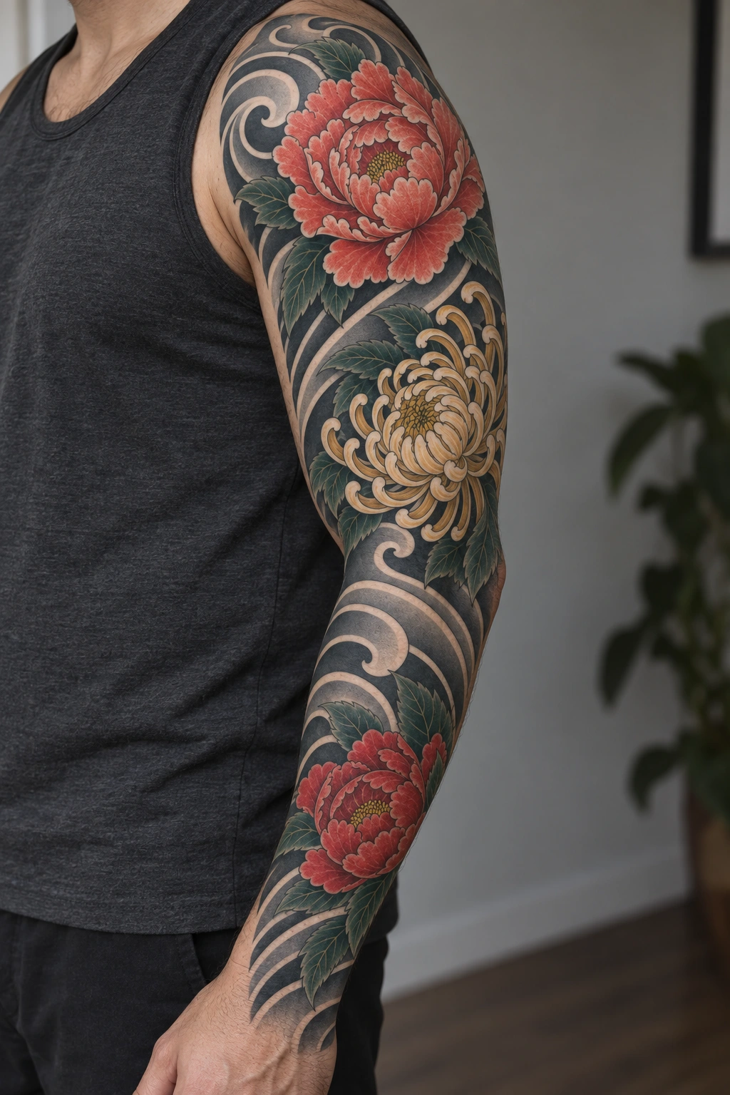 Peony & chrysanthemum sleeve on the full arm, matching placement illustration