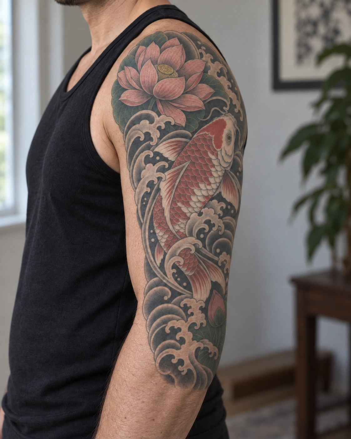 Koi, lotus & waves on the upper arm, matching placement illustration