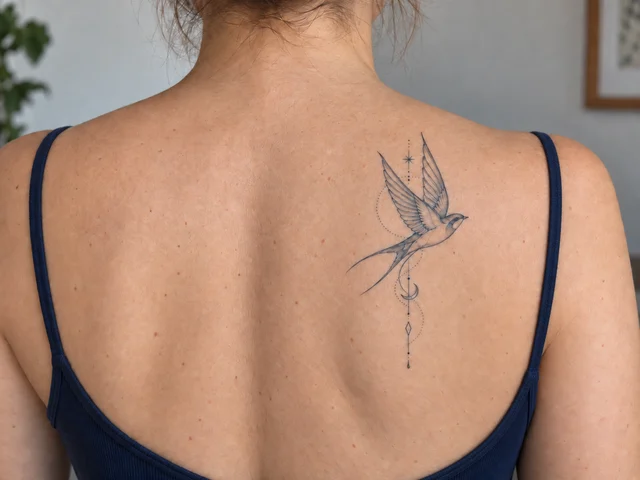 Fine-line swallow tattoo on a shoulder blade — placement illustration
