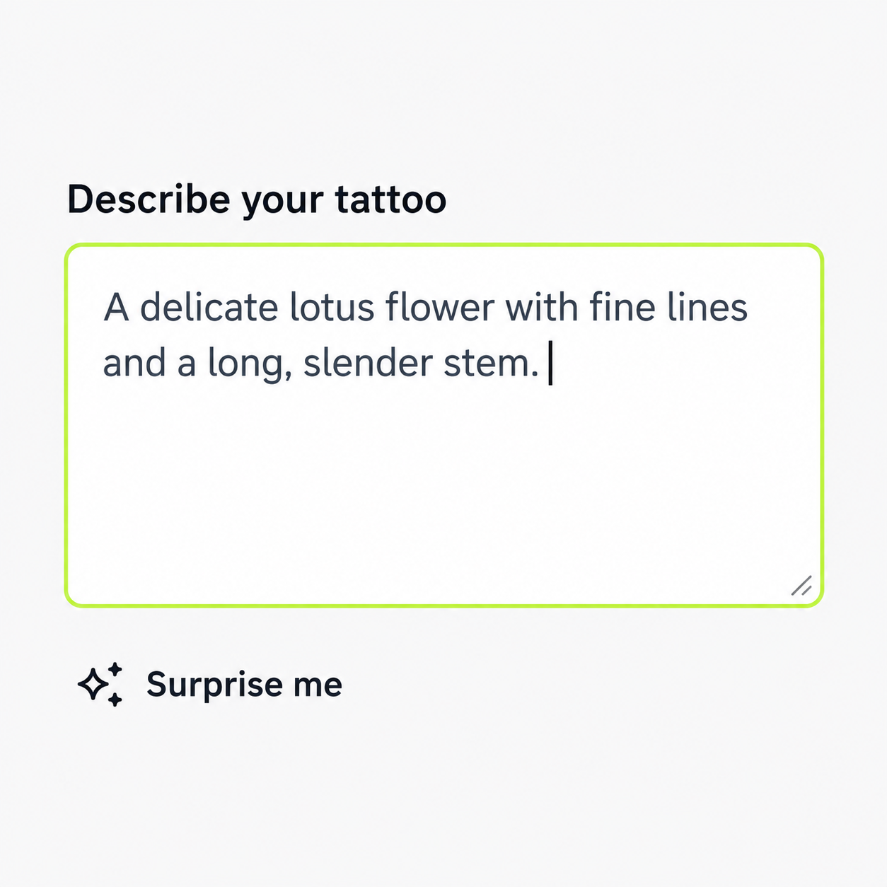 TatSketch description field filled with a lotus tattoo prompt, with Surprise me below.