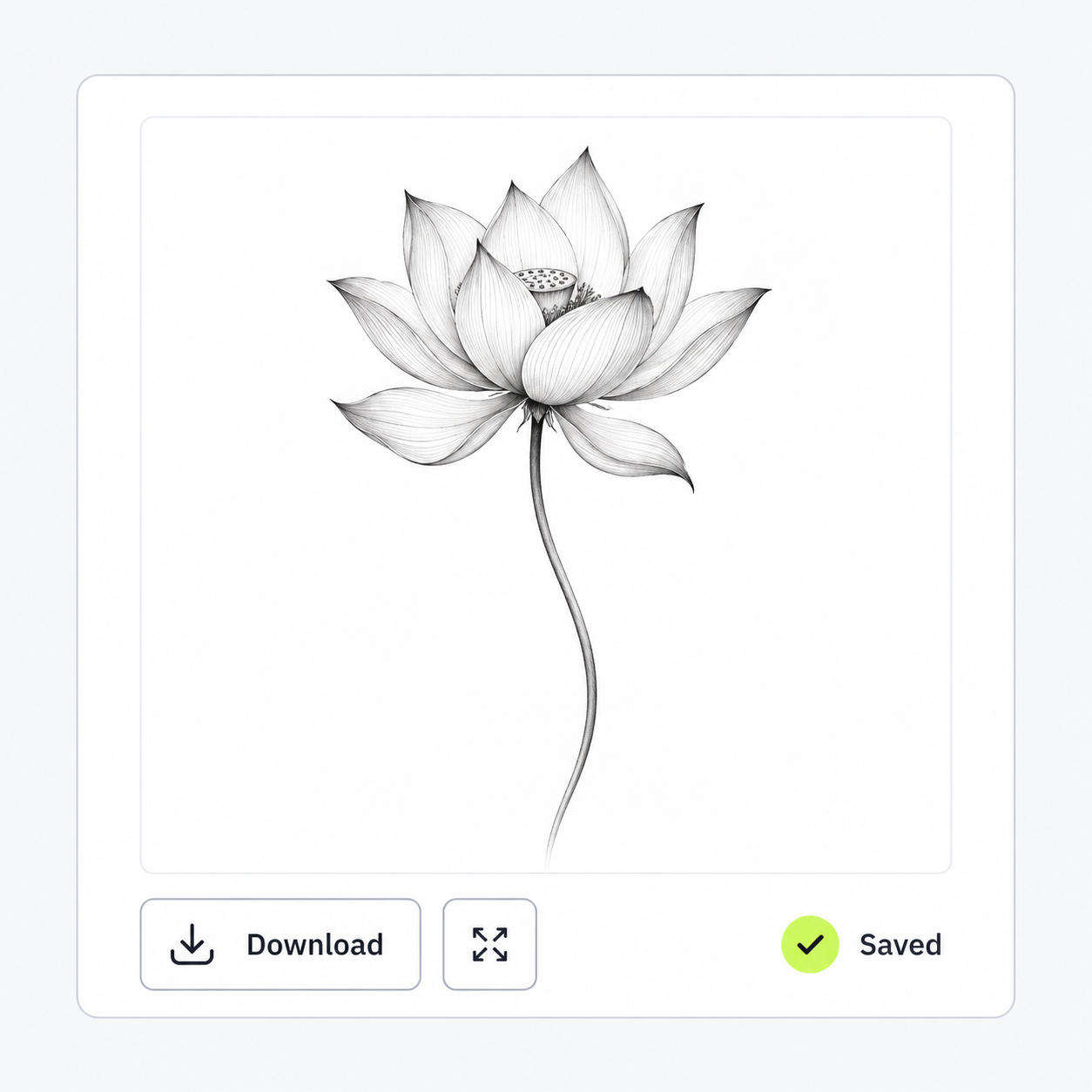 Signed-in TatSketch result with the lotus design, Saved status, enlarge control and Download button.