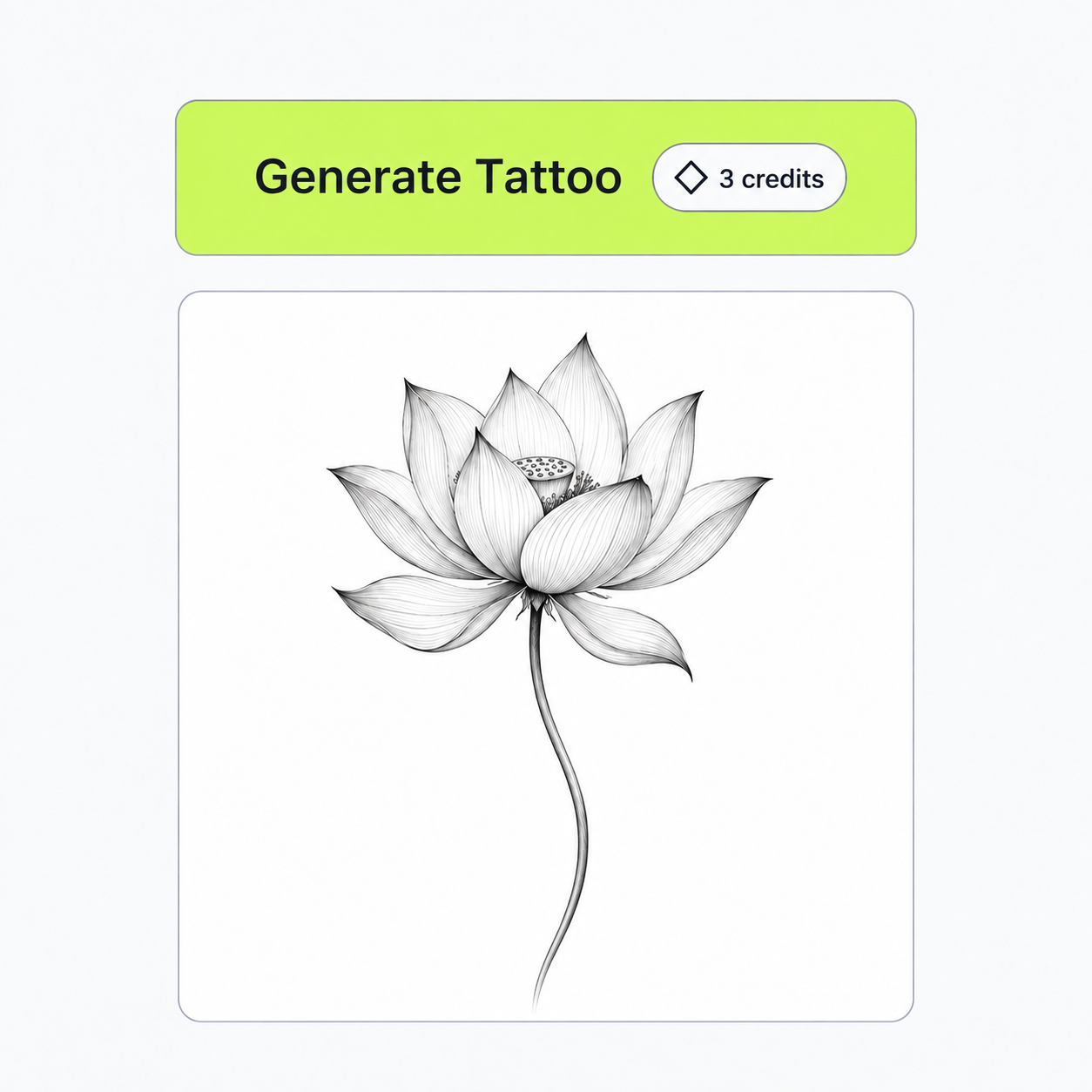 Generate Tattoo button showing a three-credit example cost above a completed lotus tattoo result.