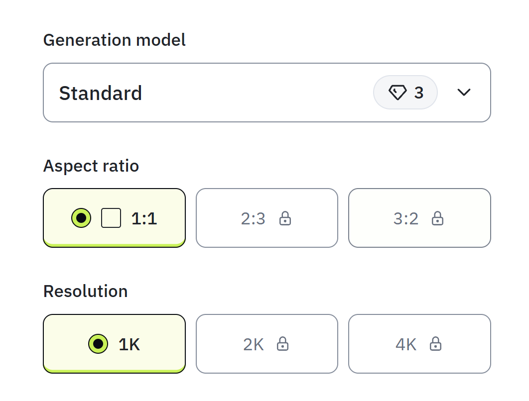 TatSketch generation options showing Standard, a square 1:1 canvas and 1K resolution, with unavailable options locked.