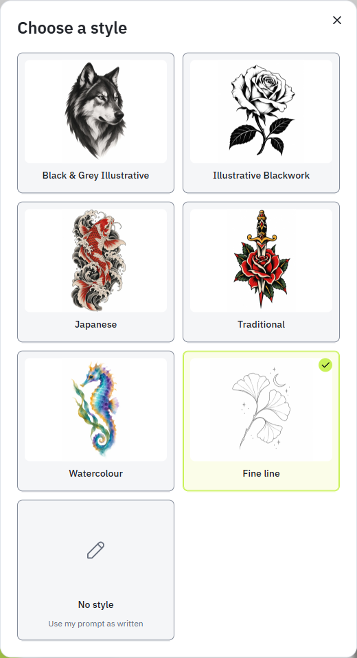 TatSketch style picker with Black & Grey Illustrative and Illustrative Blackwork, with Fine line selected.