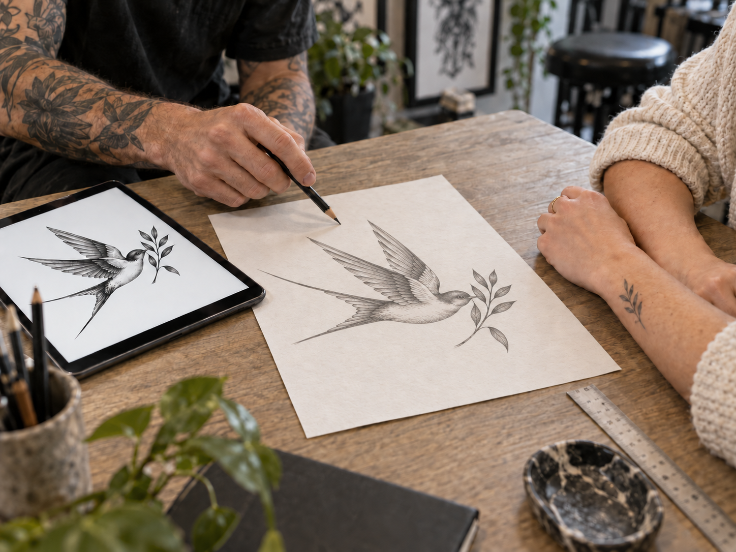 Illustration of a client and tattoo artist discussing a bird tattoo concept on a tablet.