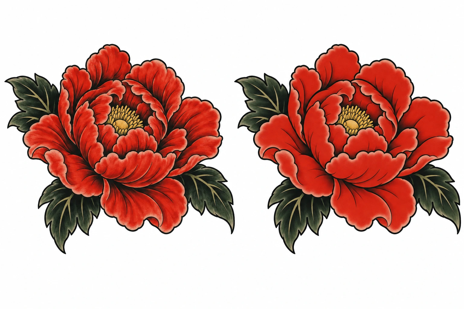 Two peony designs at the same displayed size, comparing detailed inner folds with simpler petal shading