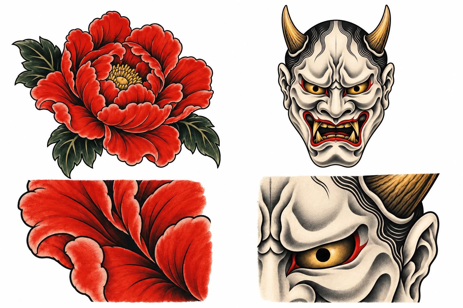 Illustrative peony and Hannya studies with detail views of petal folds and the mask expression