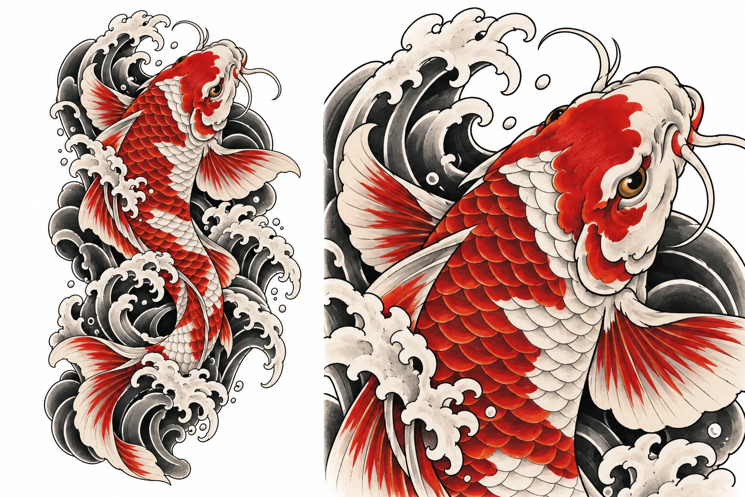 Illustrative koi and waves study with an enlarged view of its outlines, scales and wave shading