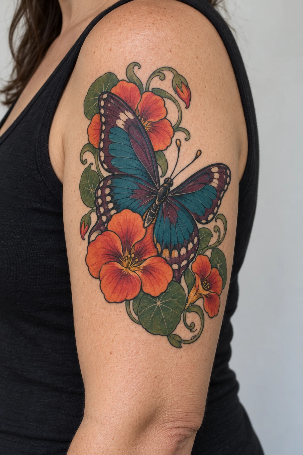 Butterfly & nasturtium neo traditional tattoo on the upper arm