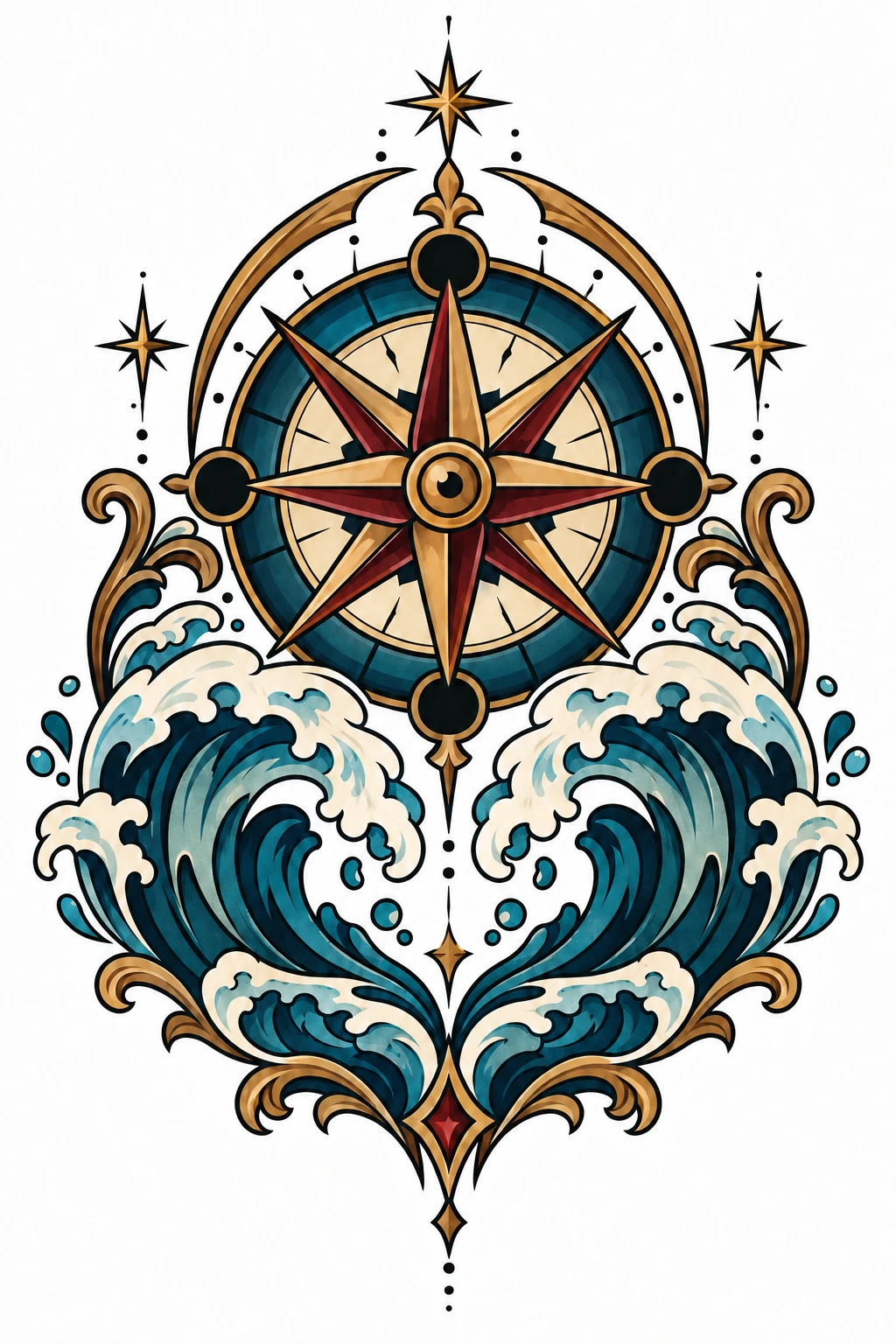 Compass & waves neo traditional tattoo design