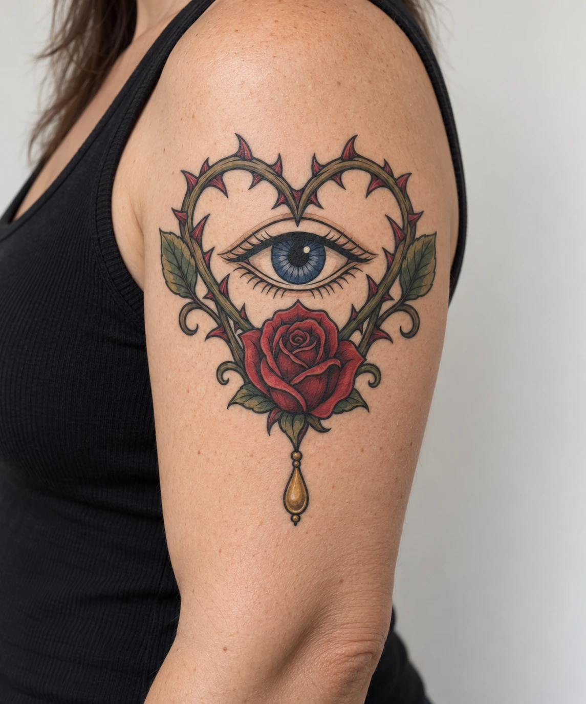 Eye & thorn heart neo traditional tattoo on the upper arm