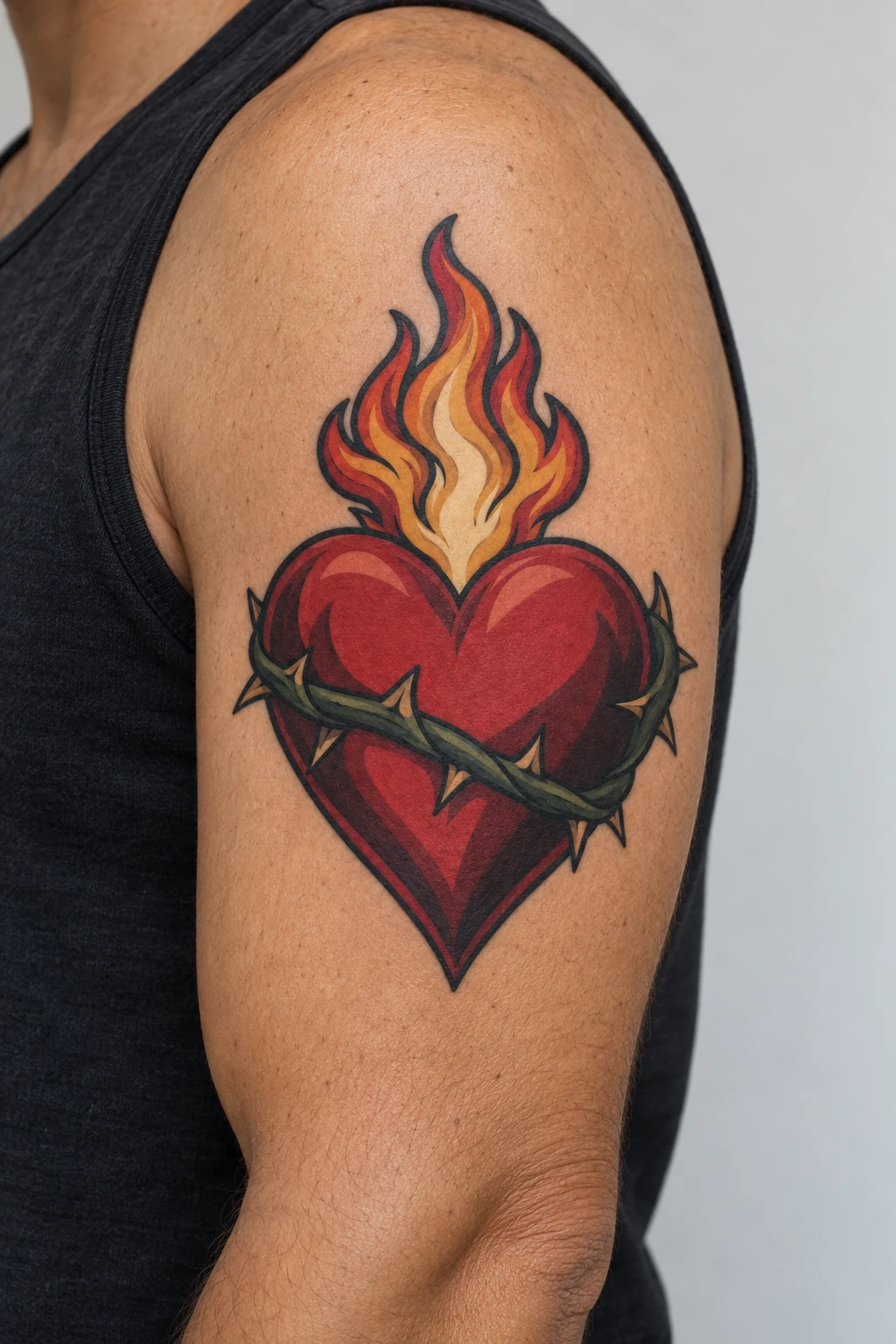 Flaming heart neo traditional tattoo on the upper arm