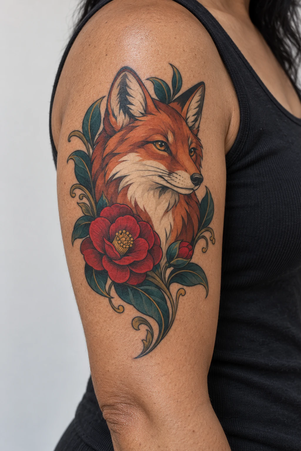 Fox & camellia neo traditional tattoo on the upper arm