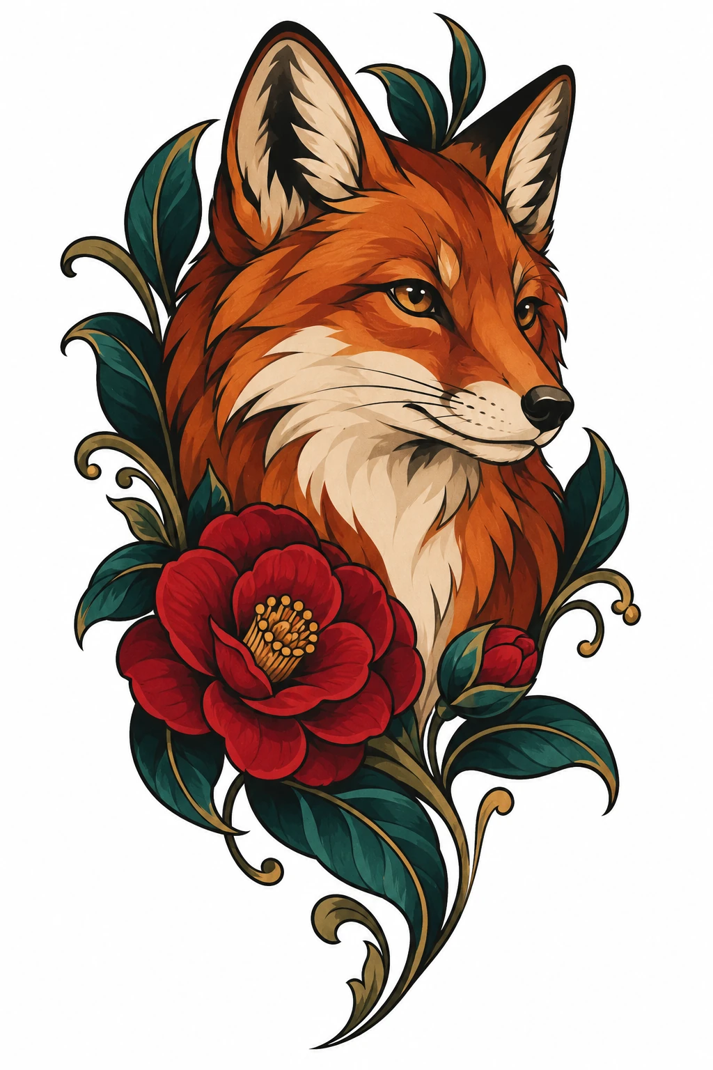 Neo traditional fox and camellia tattoo design with numbered markers for each style trait