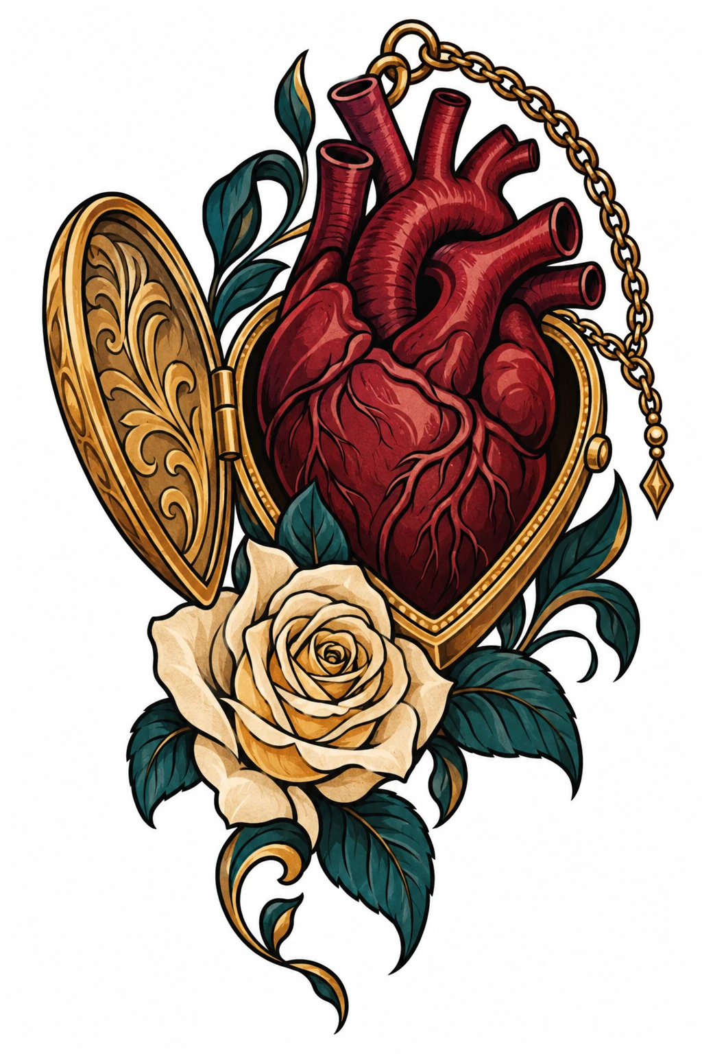 Heart & locket, neo traditional tattoo design