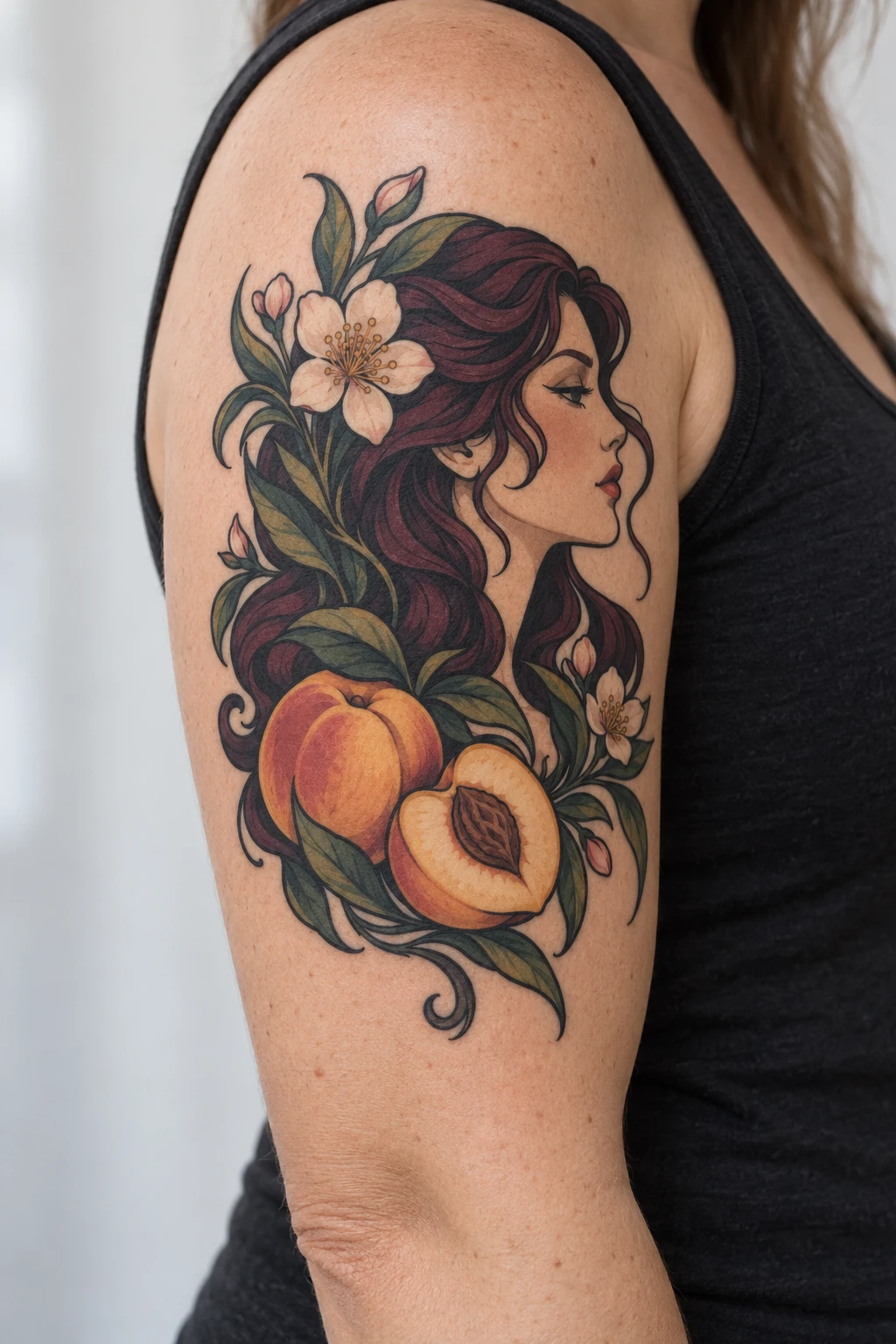 Lady & peaches neo traditional tattoo on the upper arm