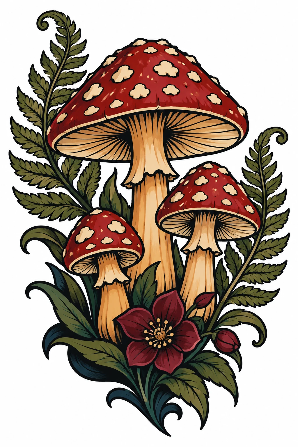 Mushrooms & fern, neo traditional tattoo design