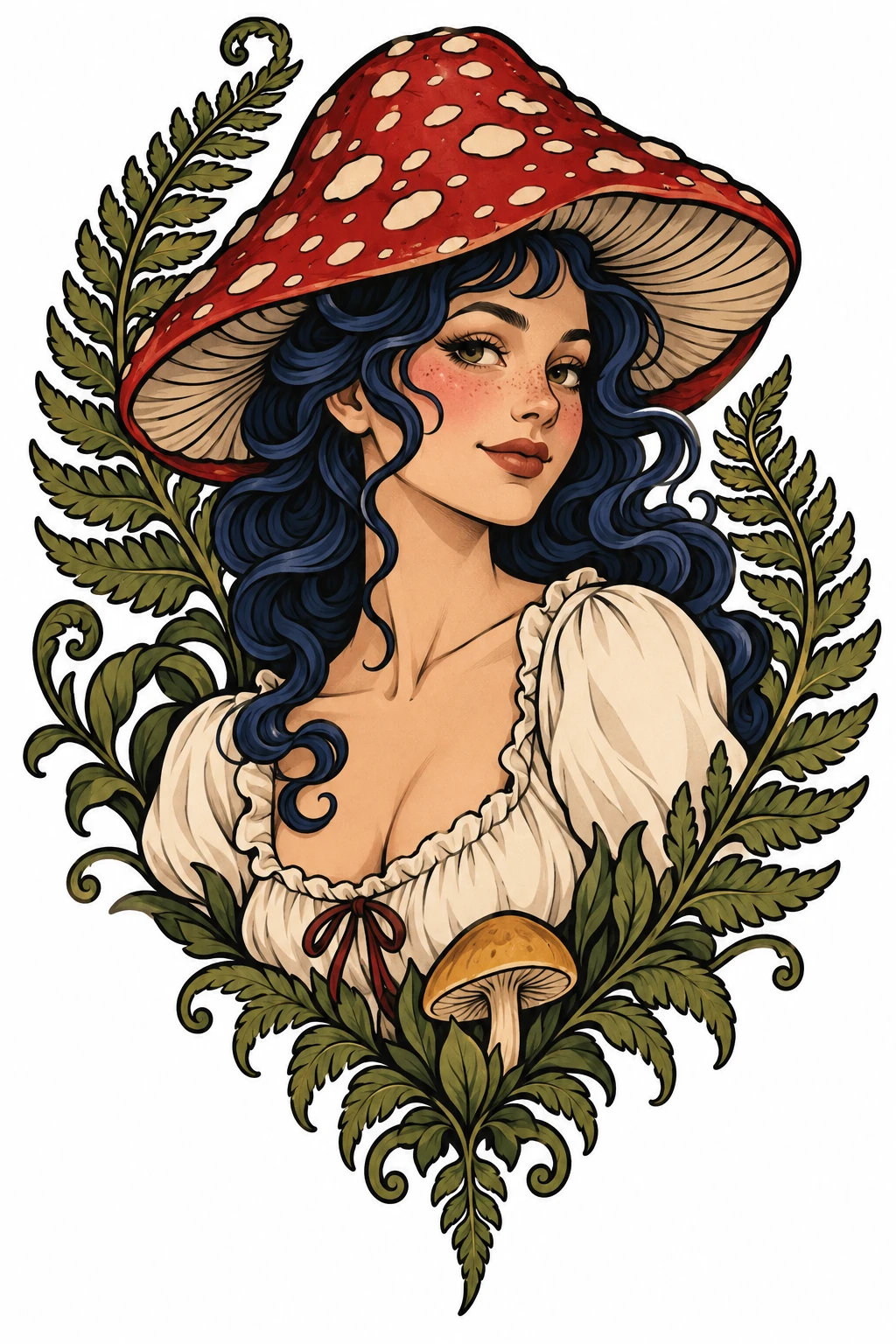 Mushroom lady & fern, neo traditional tattoo design