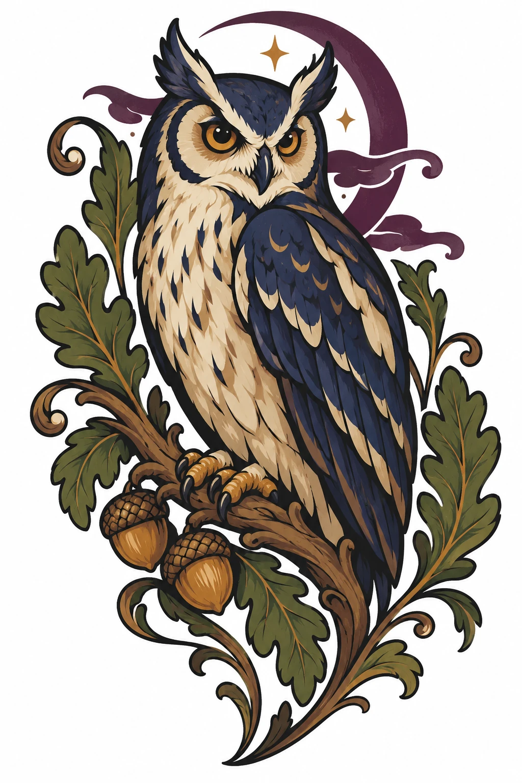 Owl & oak neo traditional tattoo design