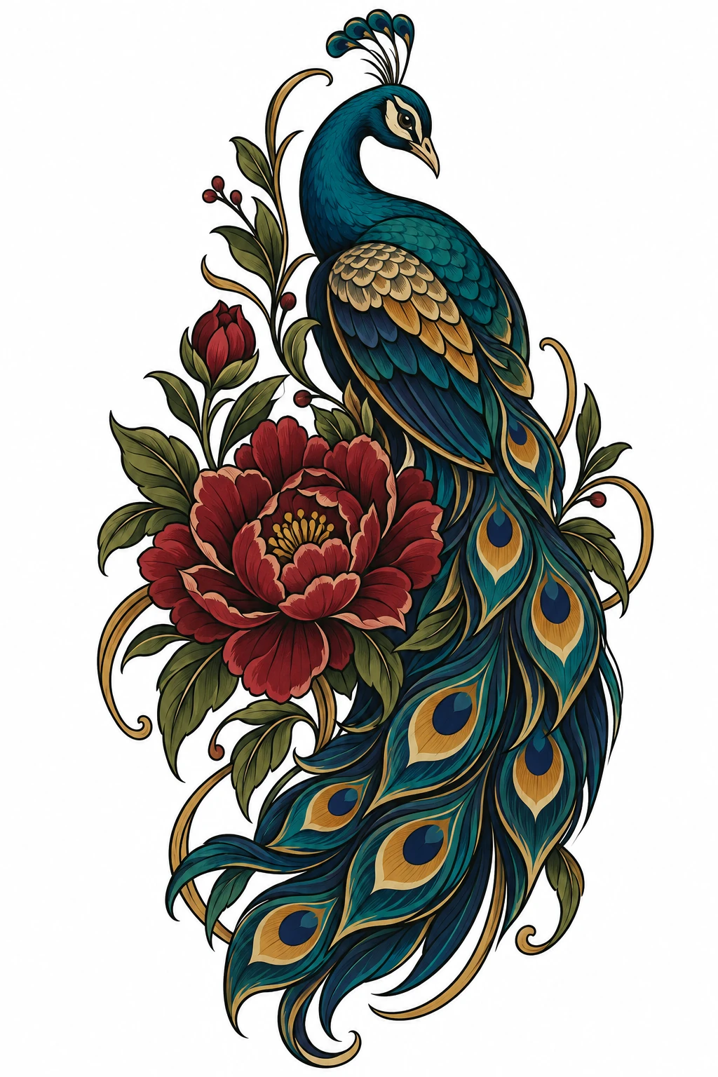 Peacock & peony neo traditional tattoo design