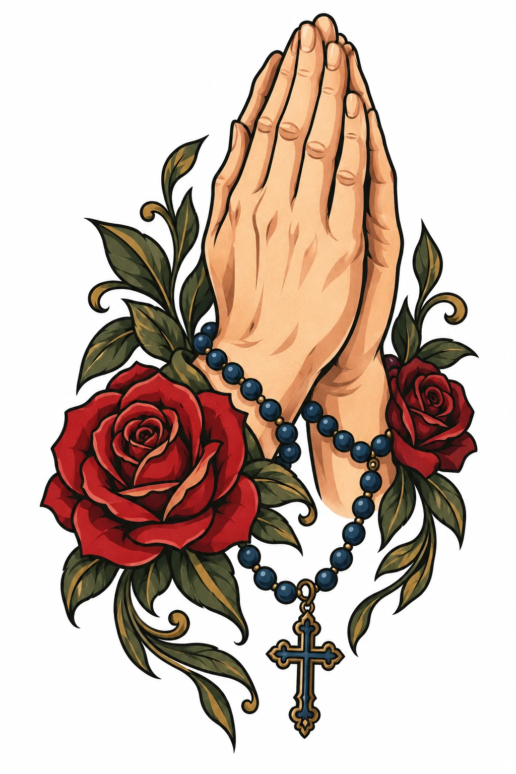 Praying hands, rosary & roses, neo traditional tattoo design